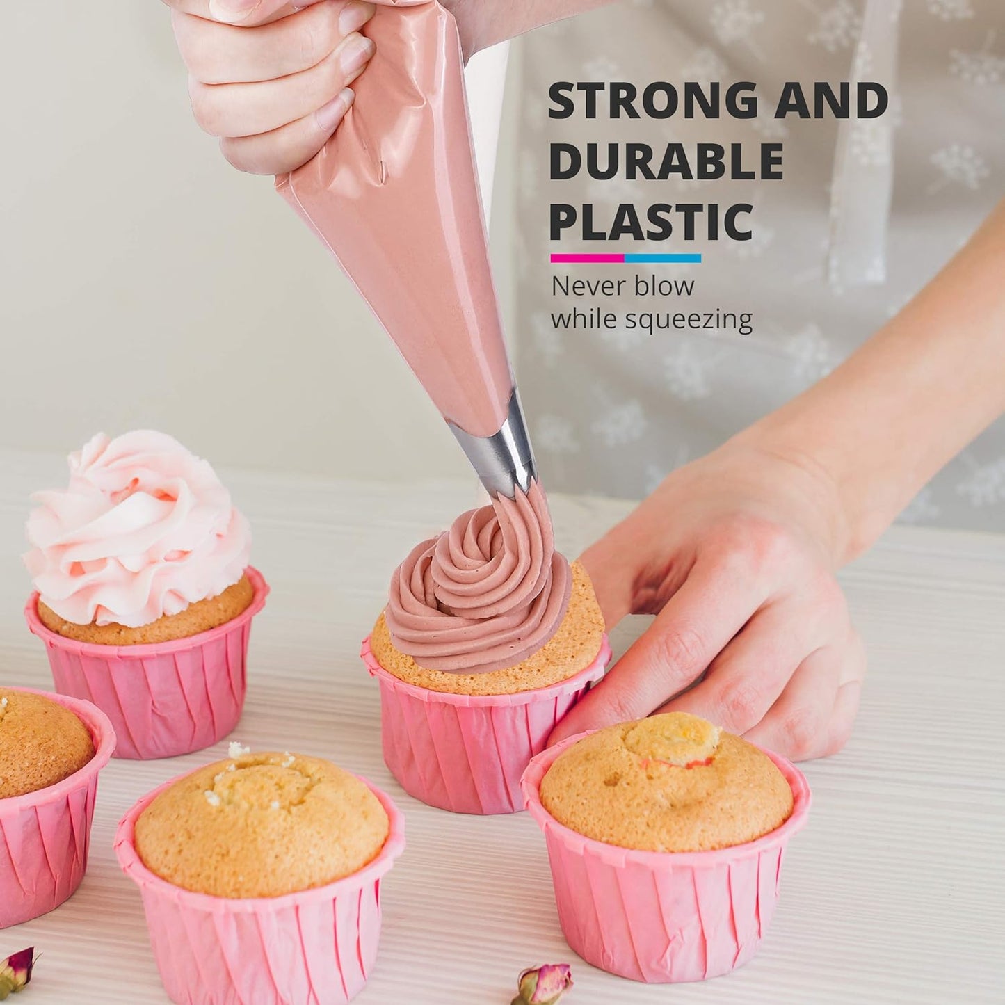 Riccle Piping Bags and Tips Set, 11.8 Inch 100 Anti Burst Piping Bags, 124 Pcs Cake Decorating Kit with 16 Piping Tips, 1 Reusable Pastry Bags, 3 Cake Scrapers, 2 Couplers, and 2 Icing Bags Ties