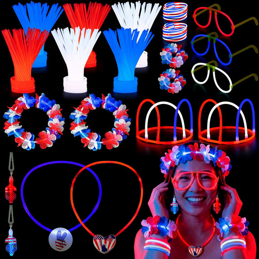 JOYIN 4th of July Patriotic Glow Stick Glasses Necklace Bracelets Headbands Earrings Accessories, Red White Blue Light Up Sticks Glow in the Dark Party Supplies for Independence Day Parade Celebration