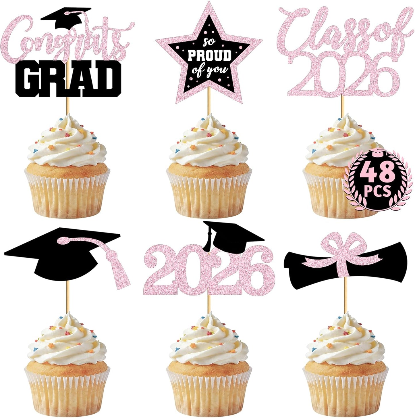 48 PCS Graduation Cupcake Toppers, Glittery 6 Styles Congrats Grad Cake Topper, Black and Red Graduation Decorations 2026, Cap and Diploma Cake Picks for Grad Party Supplies