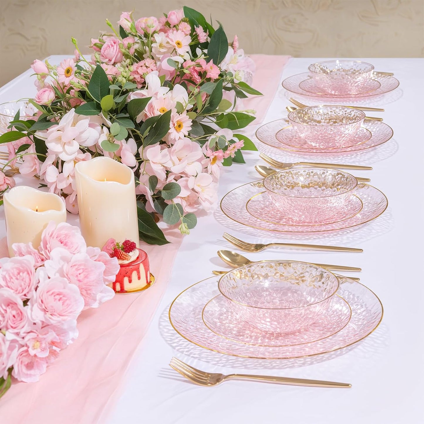 I00000 30 Pack 12 Ounce Pink Plastic Bowls Hammered Clear Bowl with Gold Rimmed, Heavy Duty Disposable Bowl Set,Elegant Salad/Dessert/Ice Cream Small Bowls for Party Weddings