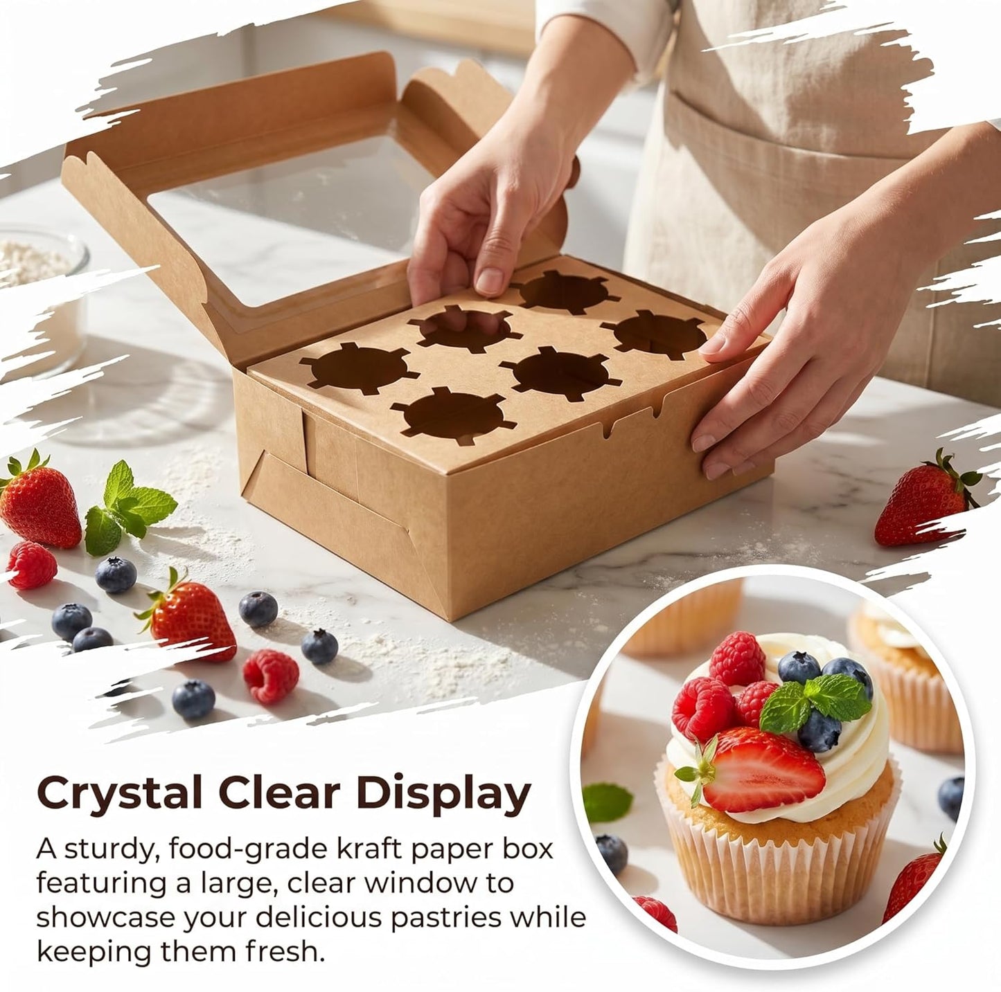 Jucoan 50 Pack Kraft Cupcake Box with Insert and Window Hold 6 Standard Cupcake, Food Grade Cupcake Carrier Container, Brown Bakery Box for Pastry, Cookies, Small Cake, Desserts Treat