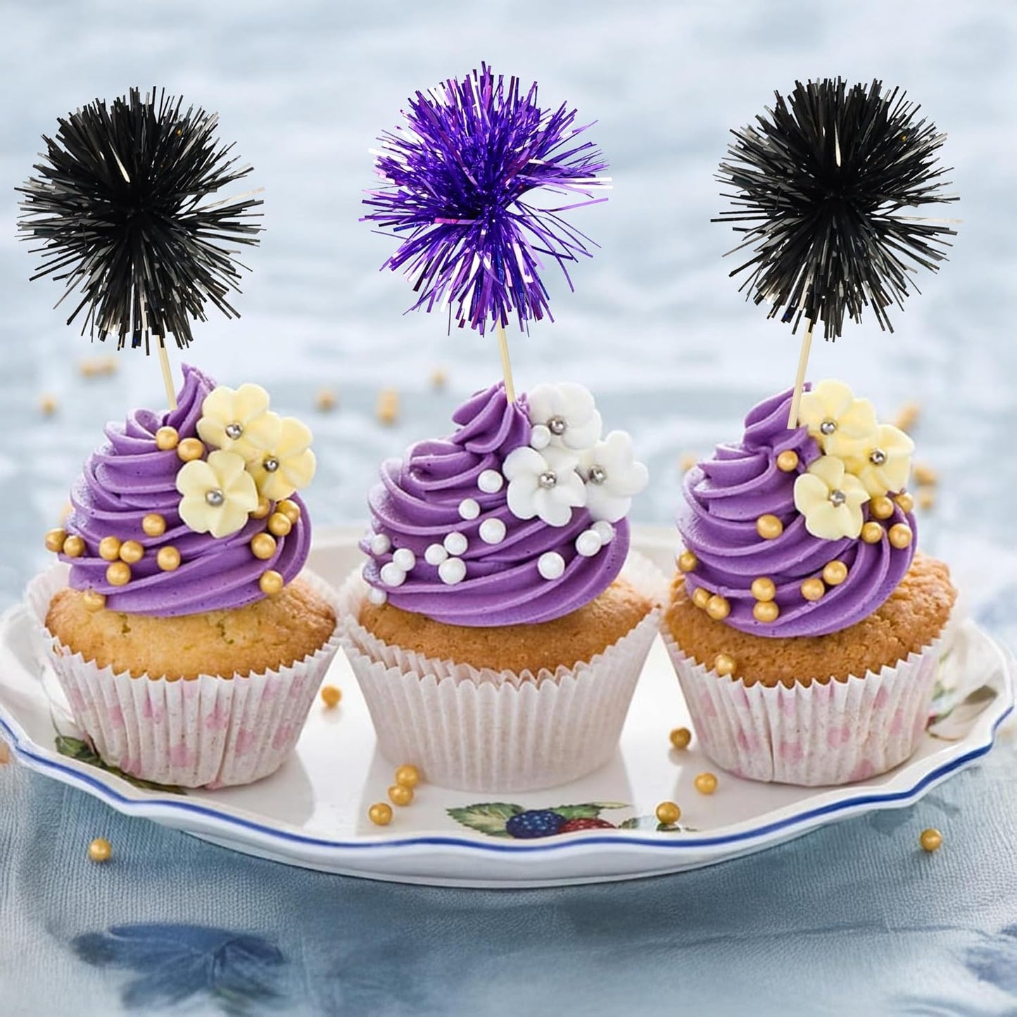 Ephlyn 30Pcs Foil Firework Cupcake Toppers Sparkle Tinsel Cupcake Picks Drink Stirrers Cocktail Food Fruit Toothpicks for Baby Shower Graduation Party Supplies White