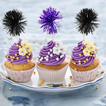 Ephlyn 30Pcs Foil Firework Cupcake Toppers Sparkle Tinsel Cupcake Picks Drink Stirrers Cocktail Food Fruit Toothpicks for Baby Shower Graduation Party Supplies White