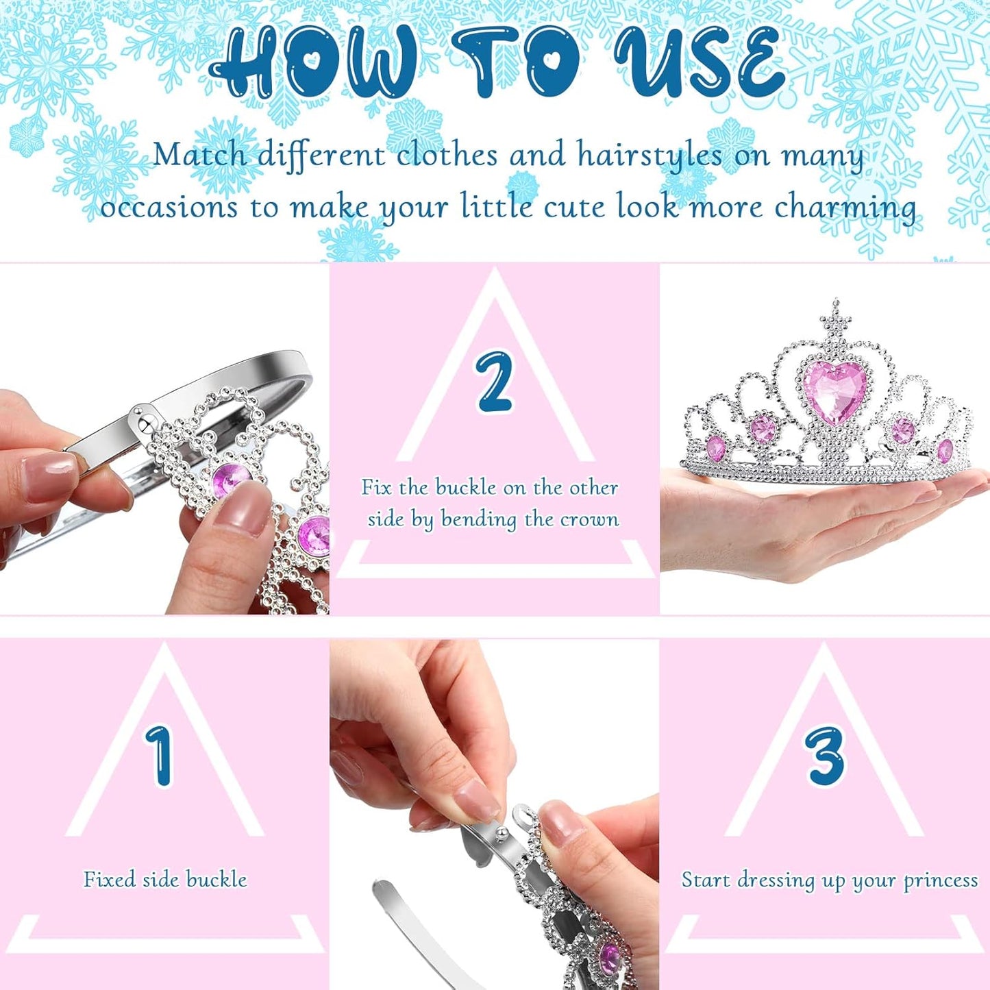 Chalyna 12 Pcs Princess Crowns Tiara Wand for Little Girl Silver Heart Jewel Plastic Tiara Winter Gift for Birthday(Pink,Heart Style)