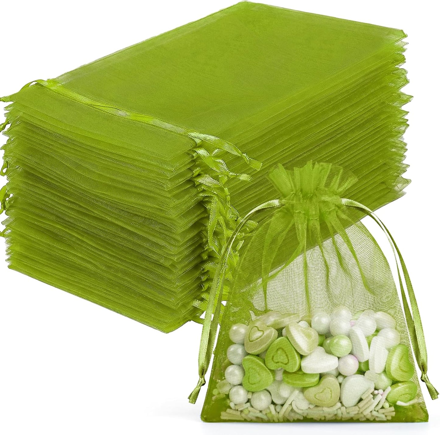 FUNFERY 100 Pcs White Organza Bags 3x4 in, Small Mesh Drawstring Gift Bags for Sachet, Jewelry, Wedding Favor, Candy Goodie Treat Bag,Easter Day