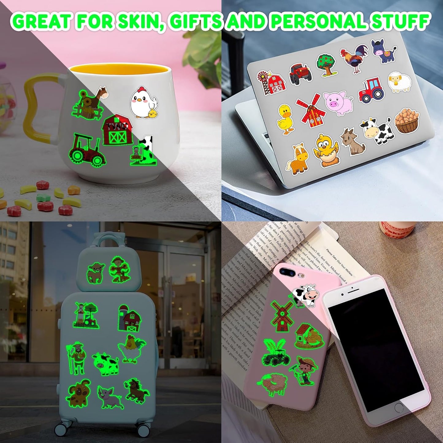 72 PCS Farm Barnyard Animal Pre-Cut Temporary Tattoos Sticker Birthday Decorations Party Supplies Favors Gift Boy Girl Farmhouse Cow Chicken Tattoo School Reward Themed (Normal)