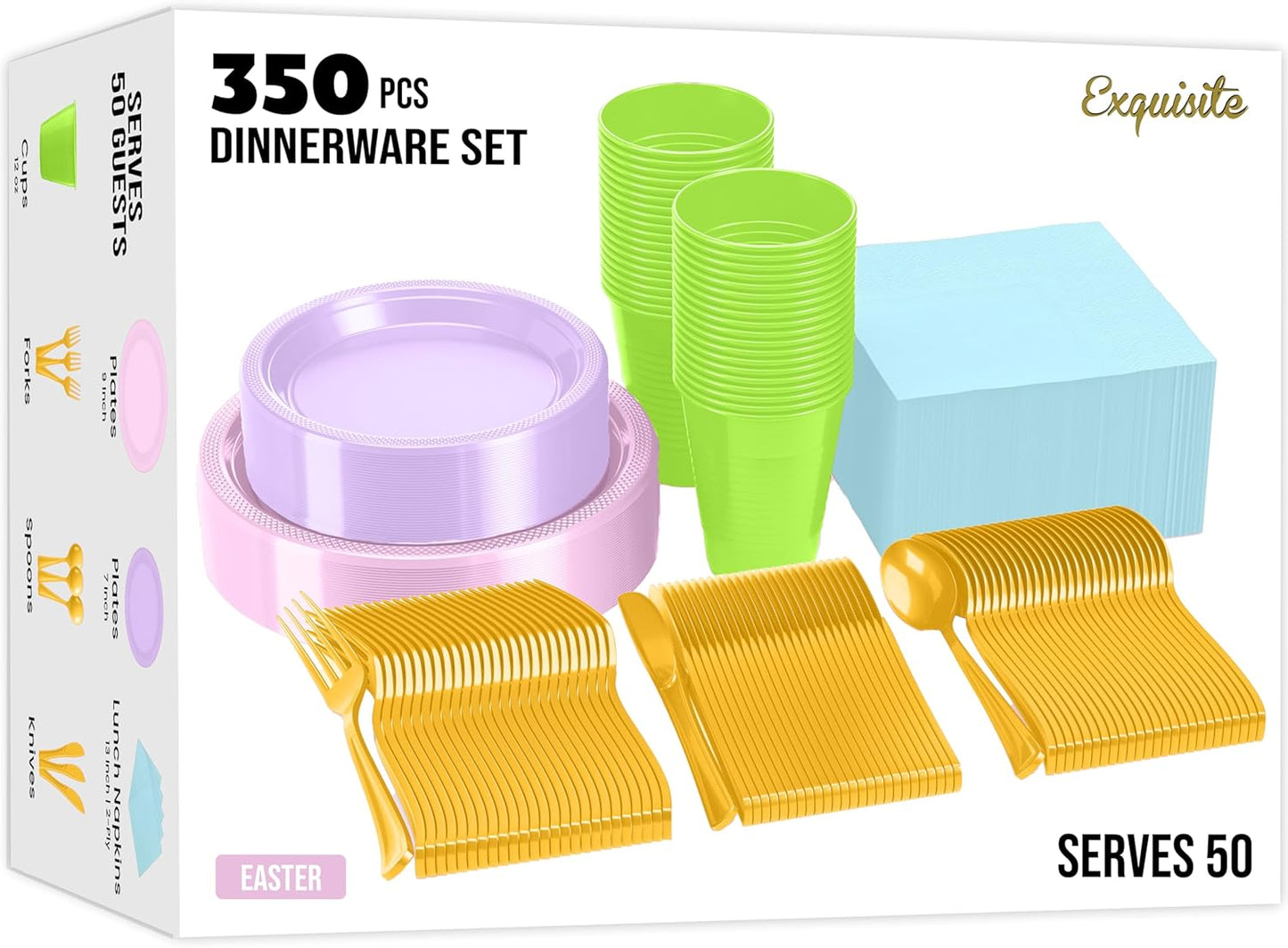 350 Pcs Black Plastic Plates For Party, Black Disposable Plates Set, 50 Of Each 9" Dinner Plate Set, 7" Dessert Plate, Cups, Napkins & Cutlery Plastic Dinnerware Set Exquisite