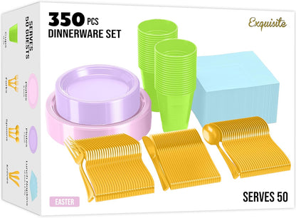 350 Pcs Black Plastic Plates For Party, Black Disposable Plates Set, 50 Of Each 9" Dinner Plate Set, 7" Dessert Plate, Cups, Napkins & Cutlery Plastic Dinnerware Set Exquisite