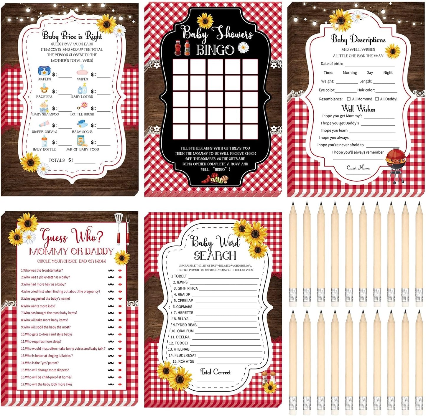 Yinder 145 Pcs Baby Shower Games Activities Cards with 20 Pencils Includes Baby Bingo Description and Wishes Guess Who Price is Right Word Scramble Game(Here Comes the Son)