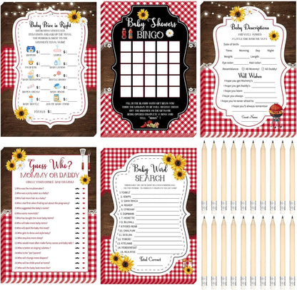 Yinder 145 Pcs Baby Shower Games Activities Cards with 20 Pencils Includes Baby Bingo Description and Wishes Guess Who Price is Right Word Scramble Game(Here Comes the Son)
