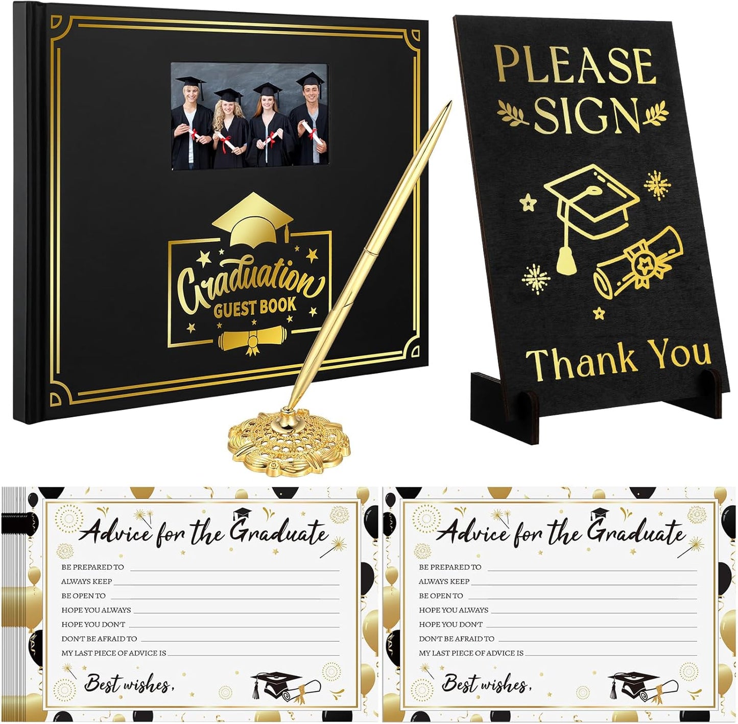 Kolldenn Graduation Guest Book Grad Party Guest Book with Signature Pen, Wood Table Sign, 50 Graduation Advice Cards Memory Party Supplies for College Gifts
