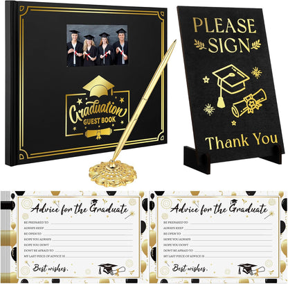 Kolldenn Graduation Guest Book Grad Party Guest Book with Signature Pen, Wood Table Sign, 50 Graduation Advice Cards Memory Party Supplies for College Gifts