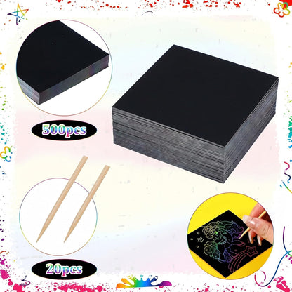 Lenwen Scratch Cards Rainbow Note Scratch Pads with 20 Bamboo Stylus for Adult Paper DIY Paper Craft Kits Birthday Party Favors Supplies(Rainbow Mix,500)