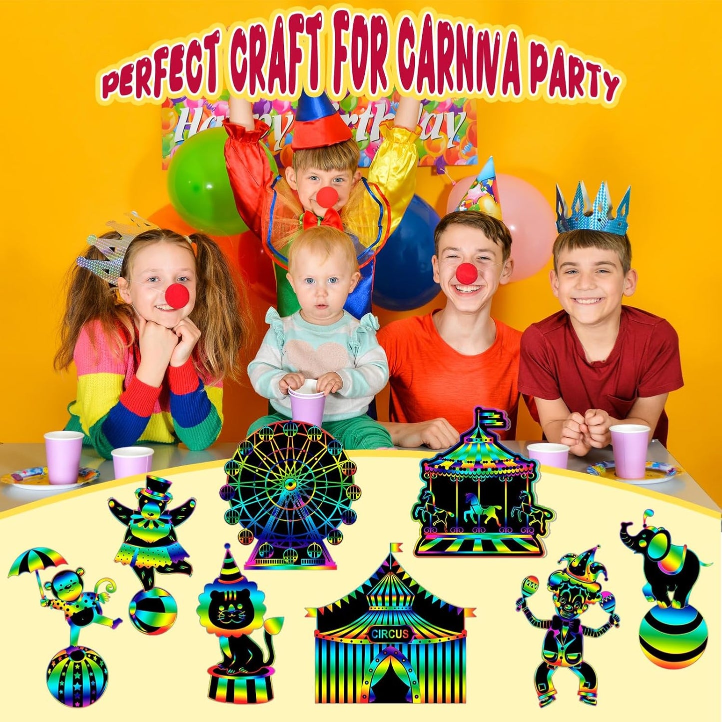 RoundFunny 80 Pcs Carnival Cutouts Scratch Cards Circus Theme Party Crafts Kids Colorful Circus Animals Scratch Paper for DIY with 80 Pcs Stick and Ribbon for Birthday Party Classroom Rewards Art