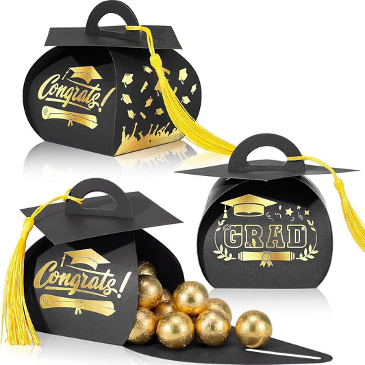 Spakon 30 Pcs Graduation Cap Gift Box Graduation Party Favors Candy Boxes Treat Box with Tassel Table Centerpieces Class of 2026 Grad Decorations(Blue, Gold)