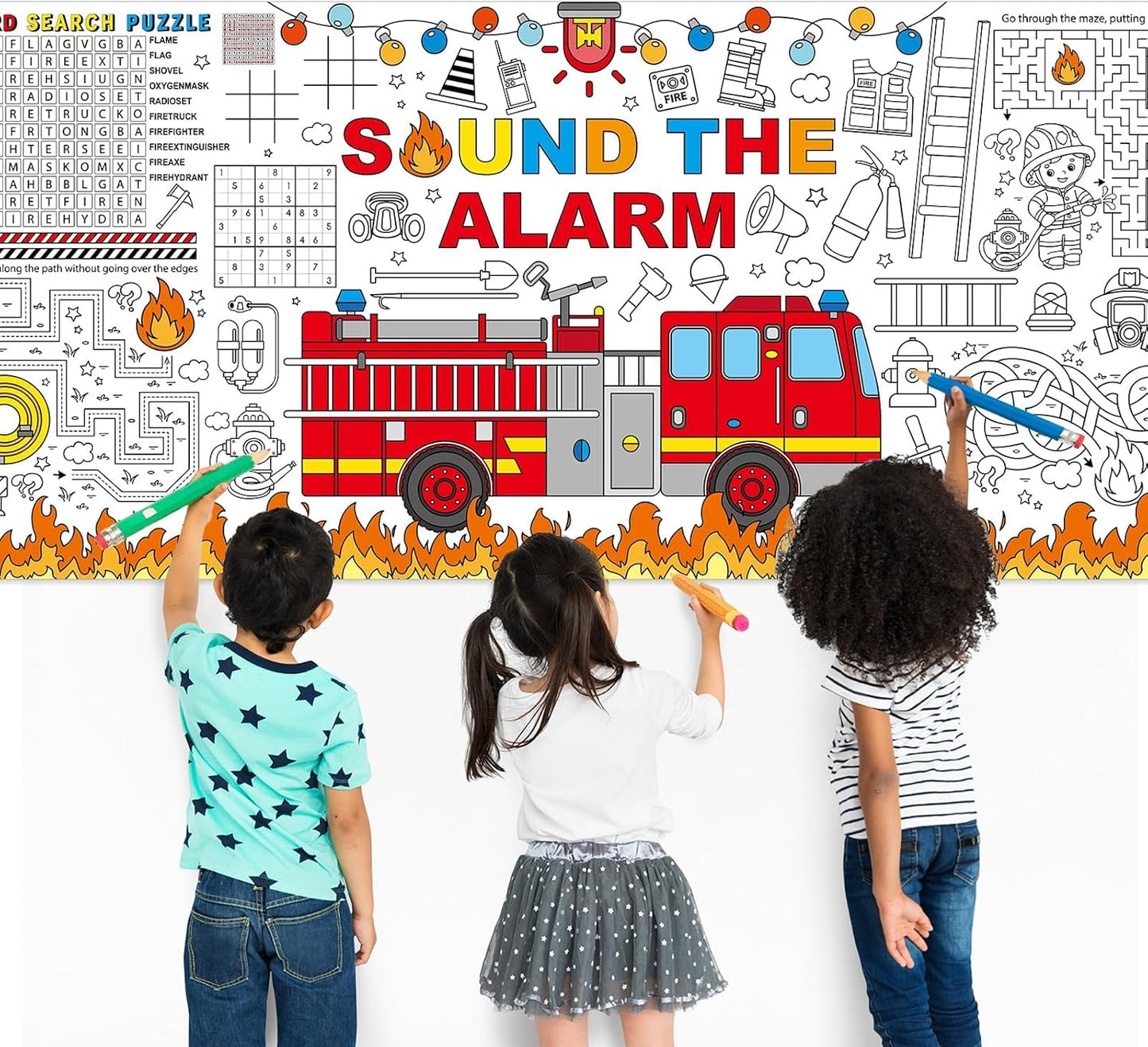 Naozinebi Fire Truck Giant Coloring Poster Large Firefighter Drawing Paper Coloring Tablecloth Rescue Vehicle Game Poster Table Cover Kids Art Craft Coloring Mat Home Pirate Party Supplies