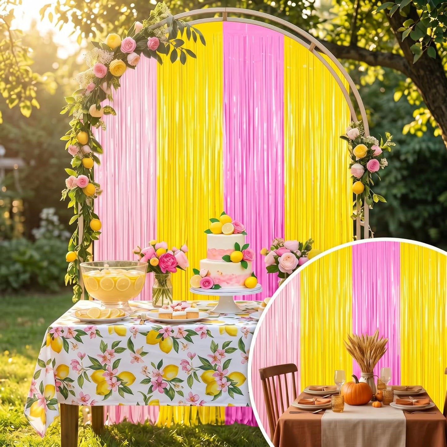 Frienda 4Pcs Sunset Party Decorations 6.6Ft Fringe Curtains Party Decorations Pink and Orange Backdrop Curtains for Sunset Autumn Thanksgiving Bridal Wedding Graduation Backdrop Decor