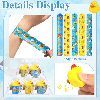 Realspring 122 Pcs Duck Party Favors 24 Pcs Mini Rubber Duck Slap Bracelets Stickers White Organza Bags Cute Gifts Supplies for Birthday Shower Prizes Decorations