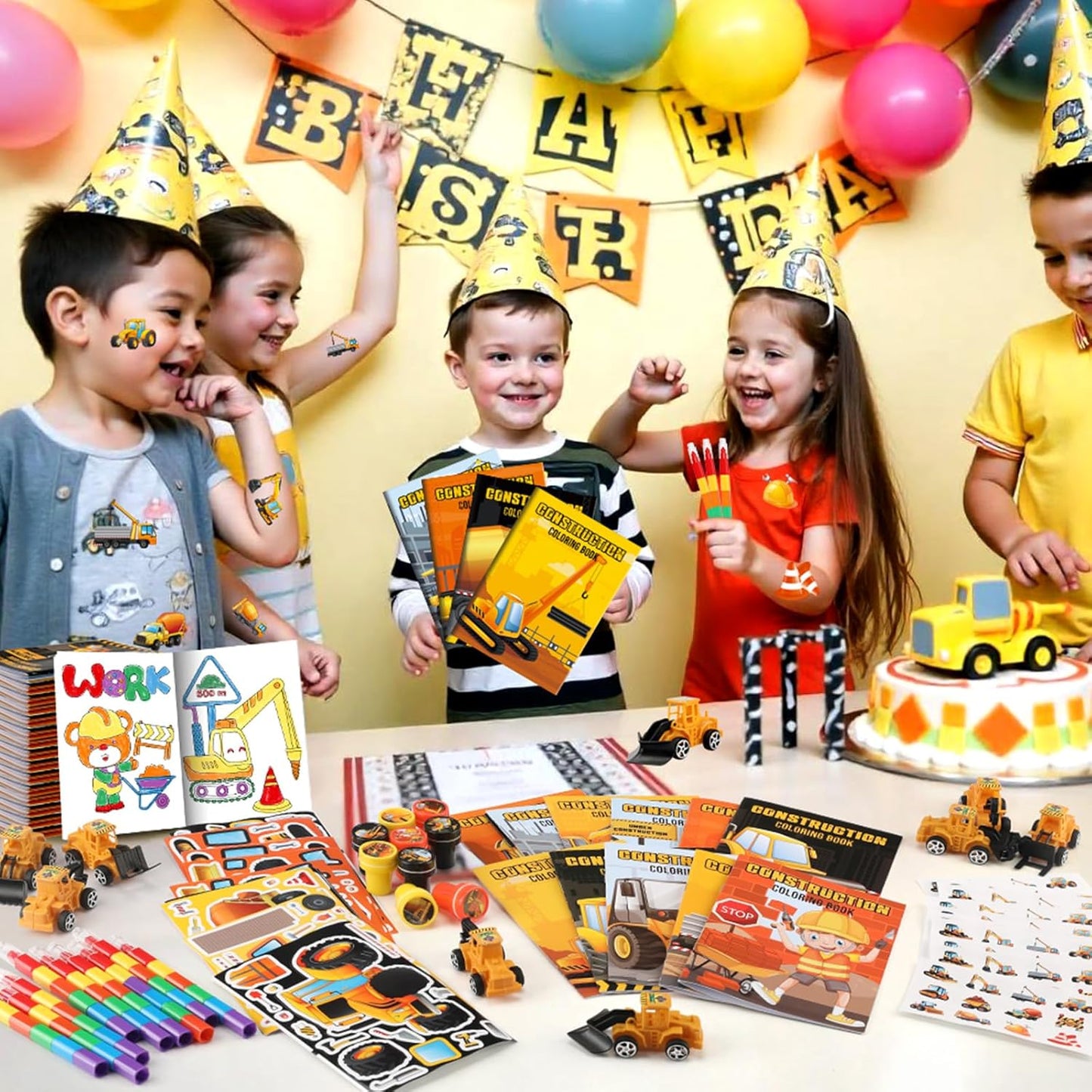 BenLouis 84Pcs Construction Party Favors Excavator Theme Coloring Books Crayons Sticker Set Bulk for Kids Construction Birthday Goodie Bag Stuffer Classroom Gifts Rewards Craft Pinata Fillers