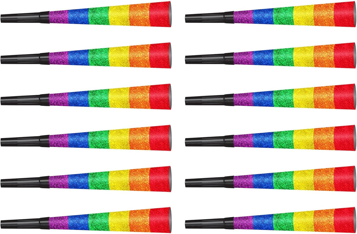 Beistle Pride Horns – 12-Pack Rainbow Party Horns With Sparkling Crinkle Film and Jumbo Black Plastic Mouthpieces for Parades, Pride Month, LGBTQ+ Events, Gay Support and Inclusive Celebrations, 9”