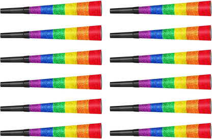 Beistle Pride Horns – 12-Pack Rainbow Party Horns With Sparkling Crinkle Film and Jumbo Black Plastic Mouthpieces for Parades, Pride Month, LGBTQ+ Events, Gay Support and Inclusive Celebrations, 9”