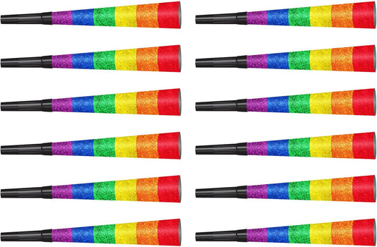 Beistle Pride Horns – 12-Pack Rainbow Party Horns With Sparkling Crinkle Film and Jumbo Black Plastic Mouthpieces for Parades, Pride Month, LGBTQ+ Events, Gay Support and Inclusive Celebrations, 9”