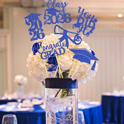 Graduation Centerpiece Sticks 24PCS Glitter Grad Picks Party Table Decor Senior High School College Sign Gold
