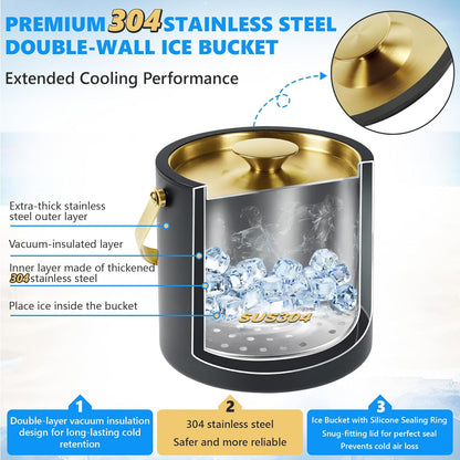Ice Bucket, Ice Bucket with Silicone Sealing Ring Double-Wall Vacuum Insulation Champagne Buckets with Filter Layer Ice Tongs Ice Scoop (Gold, 3 L)