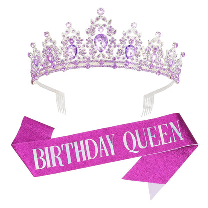 CAVETEE Red Black Birthday Crown and Sash for Women Sash & Rhinestone Tiara Set Red and Black Party Decorations Birthday Queen Crowns Tiaras for Women