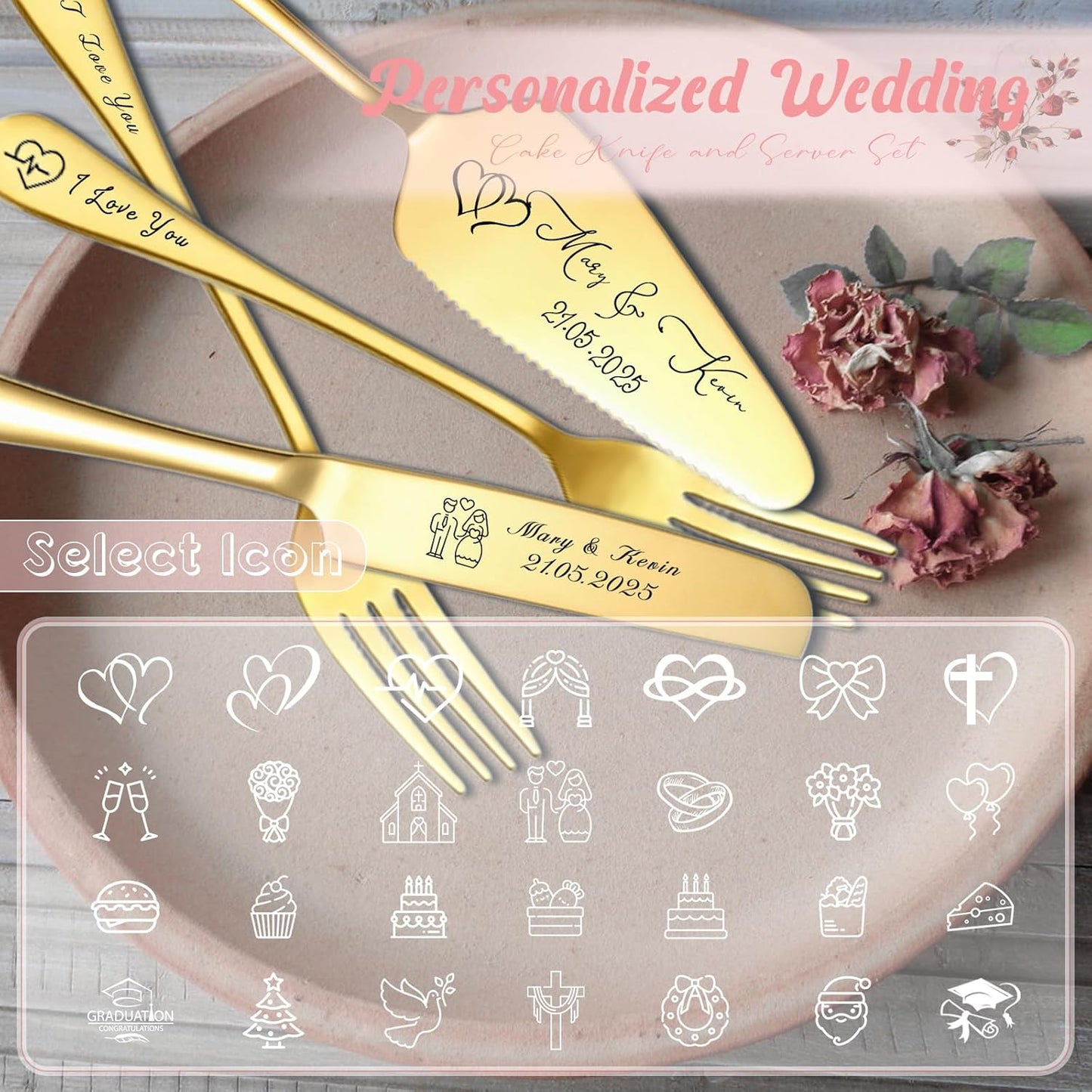 Personalized Cake Cutter Custom Wedding Cake Knife and Server Set Stainless Steel Cake Cutting Set Customize Gifts for Wedding Birthday (Black)