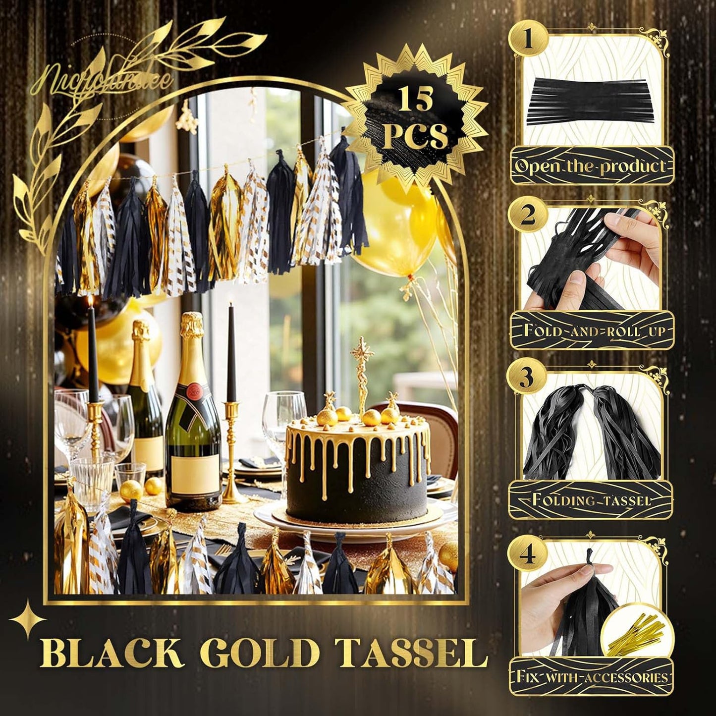 NICROLANDEE Black Gold Graduation Party Decorations, 15PCS Black Gold Tissue Paper Tassel Garland for Birthday, Wedding, Bridal Shower, Bachelorette Party, 2026 New Year's Eve Party Supplies
