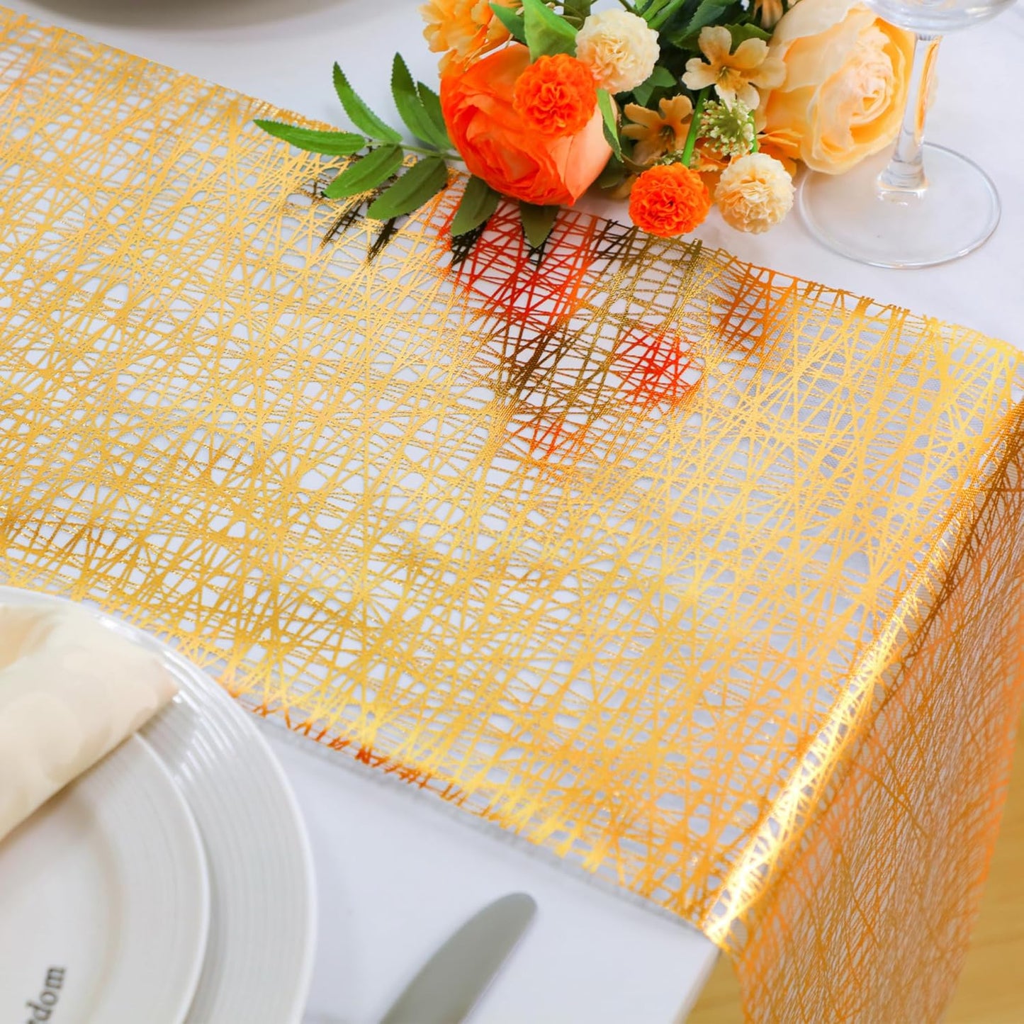 Snowkingdom 2 Pieces Gold Table Runner, Sequin Glitter Foil Metallic Thin Mesh Runner Roll 11"x108", Gold Table Decorations for Event Party, Wedding, Birthday Party, Christmas
