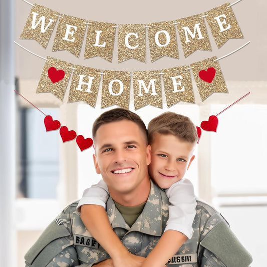 Gold Welcome Home Banner - Fully Assembled and Ready to Hang - Glitter Welcome Home Decoration for Housewarming, Military Homecomings, and Family Celebrations - 8 ft Strand(Gold WelcomeHome)