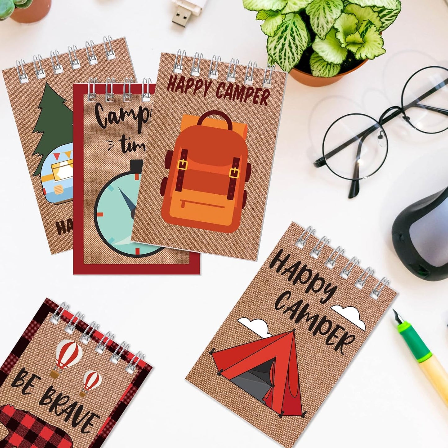 Eaasty 32 Pack Camp Adventure Theme Tiny Notepads Mini Spiral Notebook Camping Journal Pocket Notebook for Camping Party Favors Writing Drawing Note Taking, 2.4 x 3.5 Inch