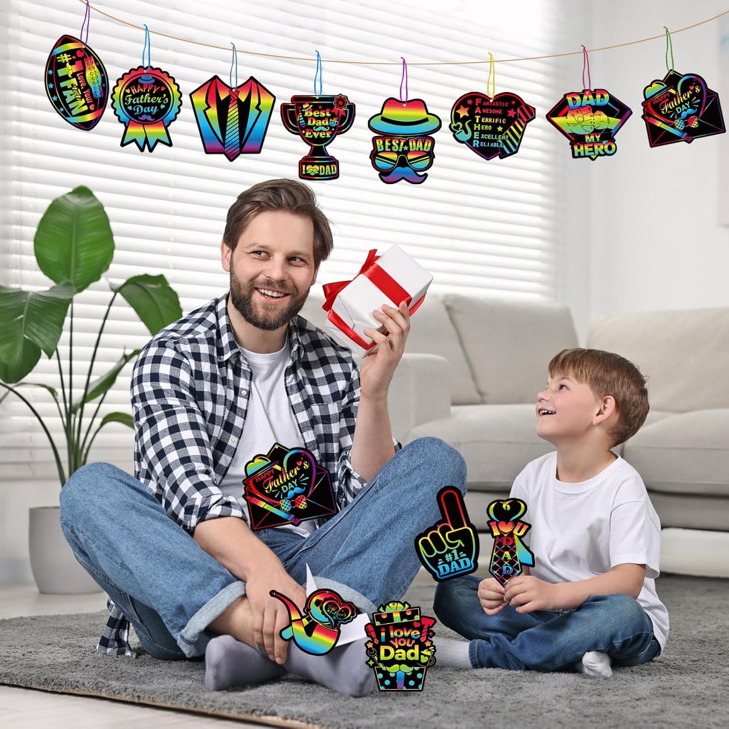 HOWAF 36pcs Father’s Day Scratch Paper Crafts Love Dad Scratch Cards Best Dad Rainbow Scratch Off Cards for Fathers Day Activity School DIY Drawing, Feliz Dia Del Padre Paper Scratch Pad for Kids
