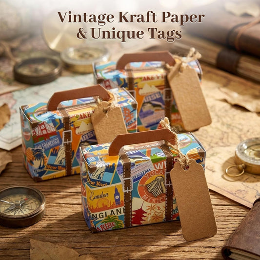 VGOODALL 50PCS Mini Suitcase Party Favor Box, 3"x2"x1.2" Small Gift Box with Tags for Travel Themed Party, Bridal Shower, Wedding