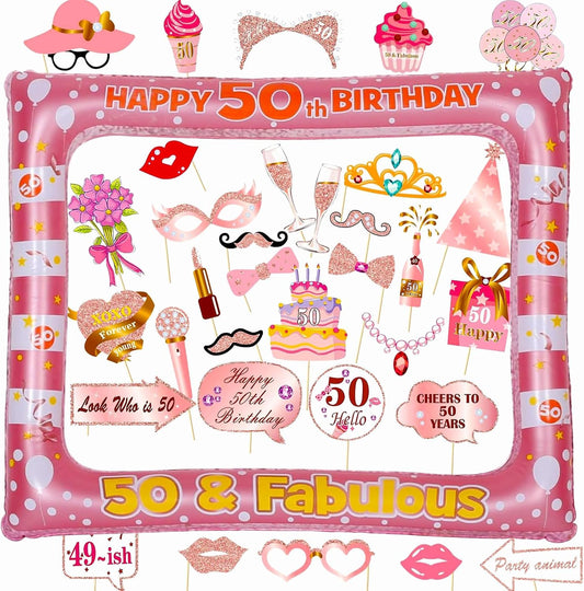 50th Birthday Inflatable Selfie Photo Frame with Photo Booth Props Set, 50 Birthday Party Selfie Props and Frame(21x27 Inches) for Pictures and Decorations Women’s 50th Birthday Party Supplies