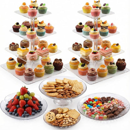 6 Pcs Acrylic Dessert Stands Set Include Display Risers Cupcake Tower and Clear Round Dessert Trays Cake Table Holder for Wedding Baby Shower Decoration(Classic Style)