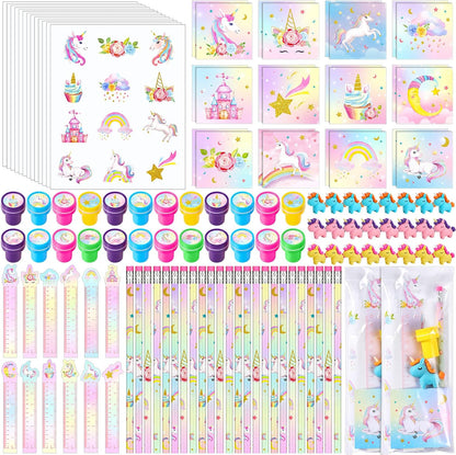 PerKoop 168 Pcs Unicorn Valentine's Day Favors Unicorn Goodie Favor Bags with Mini Notebook Pencil Sticker Stamp Pastel Rainbow Birthday Decor Prizes Gifts Goody Favors Bag Piñata Fillers Supplies