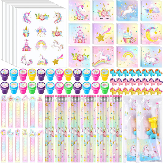 PerKoop 168 Pcs Unicorn Valentine's Day Favors Unicorn Goodie Favor Bags with Mini Notebook Pencil Sticker Stamp Pastel Rainbow Birthday Decor Prizes Gifts Goody Favors Bag Piñata Fillers Supplies