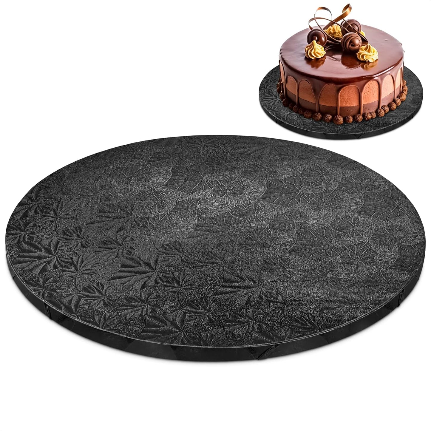 12 Inch Cake Drum, Black Cake Board for Picture-Ready Celebration Cakes, 1/2 Inch Thick Round Cardboard Base with Grease & Moisture Resistant Surface and Decorative Pattern for Parties and Weddings