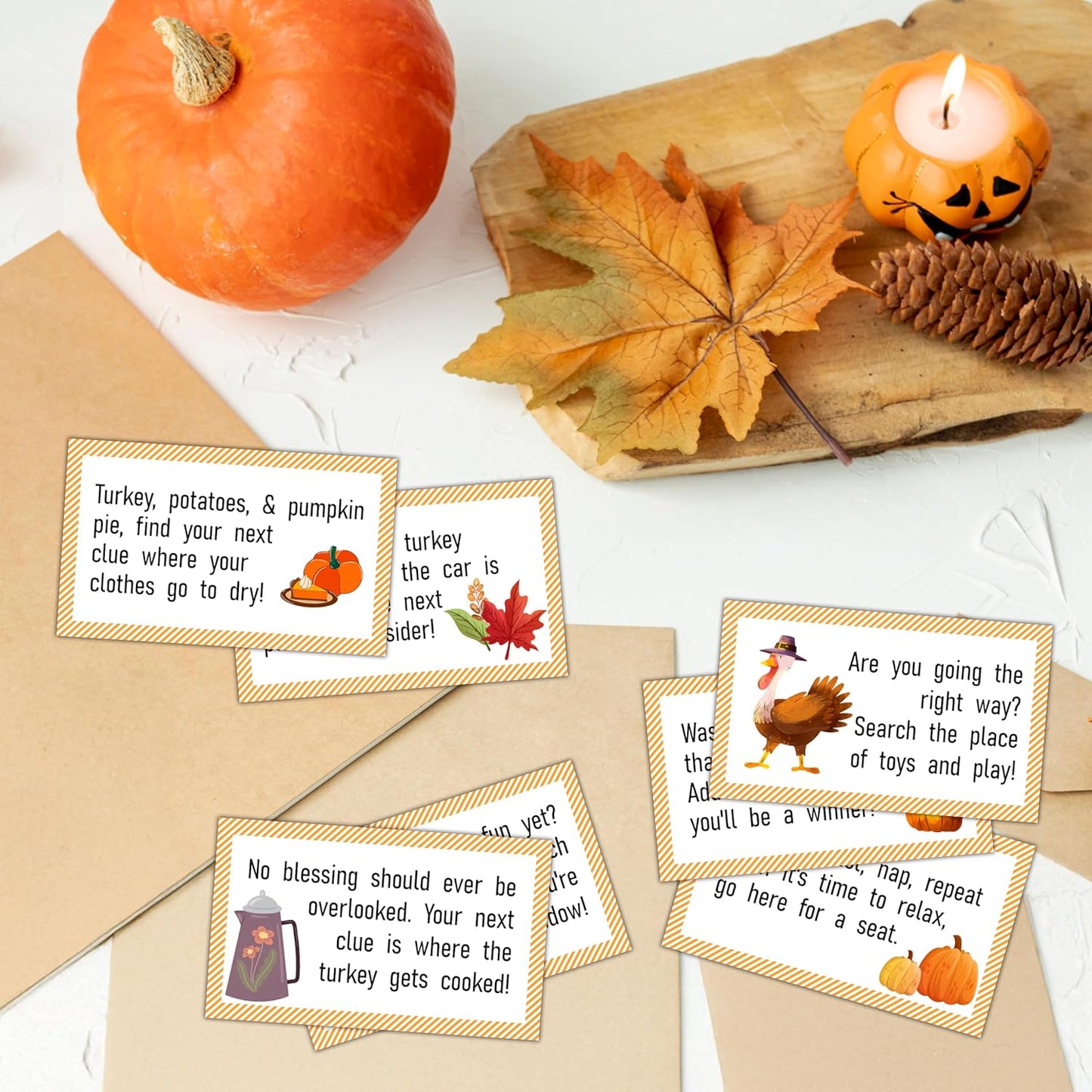 Thanksgiving Scavenger Hunt Clues Card, Outdoor Indoor Autumn Harvest Games, Thanksgiving Party Supplies Decoration, Set of 16 Cards with Colourful Envelopes -A01