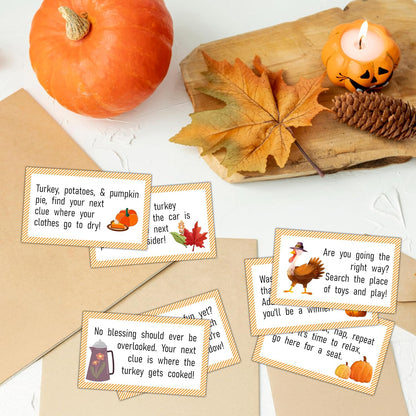 Thanksgiving Scavenger Hunt Clues Card, Outdoor Indoor Autumn Harvest Games, Thanksgiving Party Supplies Decoration, Set of 16 Cards with Colourful Envelopes -A01