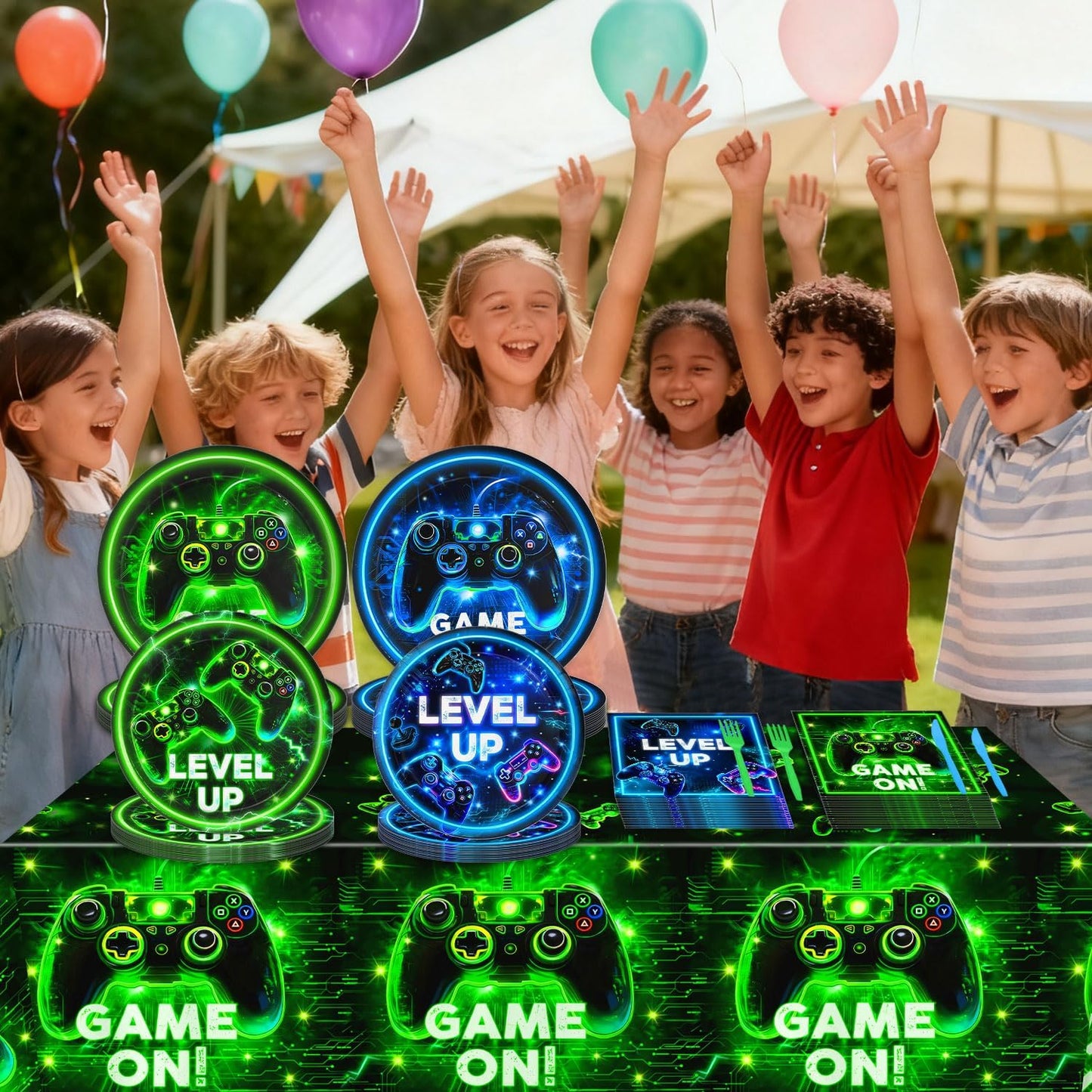 Video Game Birthday Decorations - Neon Level Up Game Tableware Includes Plates, Napkins, Cups, Forks, Tablecloths for Boy Gamer Birthday Party, Serves 24