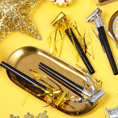 Skylety 18 Party Blower Noisemakers Glitter Birthday Noise Maker Squawkers Blowouts Whistles Fringed for Sport Events Musical Blowouts for Wedding 2026 Grad Party Supplies (Gold)