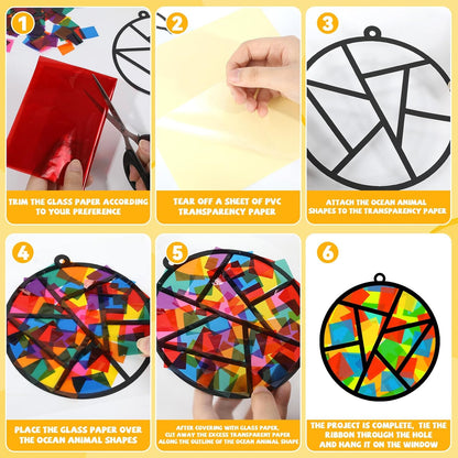 QOUBAI 32 Sets Stars Suncatchers Craft Back to School DIY Stained Glass Window Patriotic 4th of July Paper Craft Home School Classroom Decor Kid Birthday Gift Creative Art Activity Game - Colors A