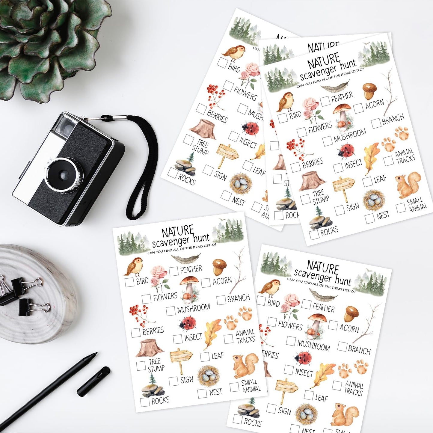 30 Pcs Nature Scavenger Hunt Cards, Find and Seek Camping Sheets, Woodland Themed Holiday Party Game Outdoor Activity for Family Friend -01