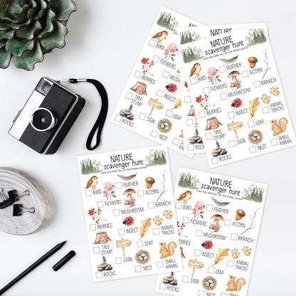 30 Pcs Nature Scavenger Hunt Cards, Find and Seek Camping Sheets, Woodland Themed Holiday Party Game Outdoor Activity for Family Friend -01