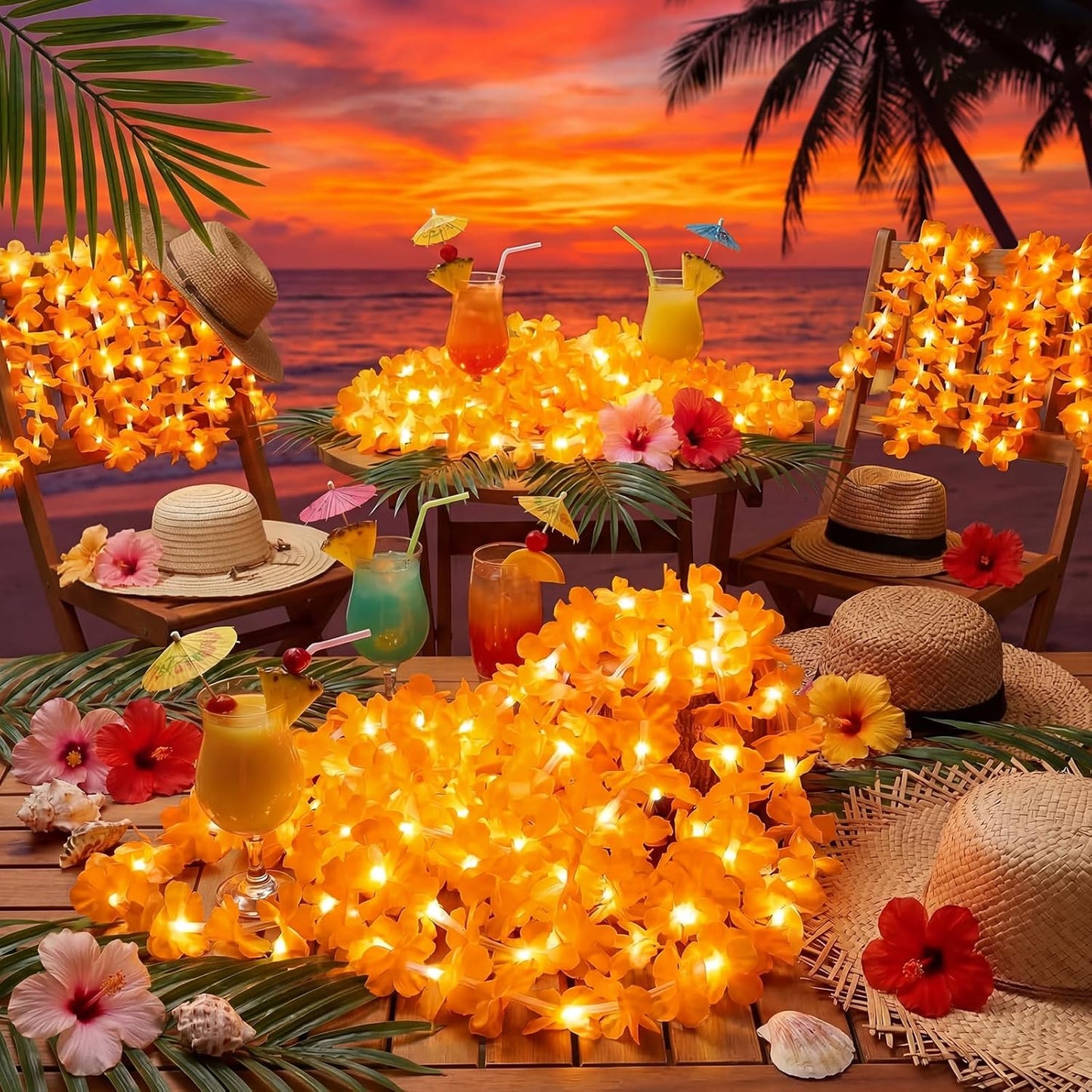 Sherr 24 Pcs LED Leis Light Up Purple and Gold Hawaiian Flower Necklaces, Graduation 2026 Party Supplies, Class of 2026 Leis for Beach Wedding Luau Glow Party Favors