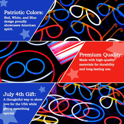 JOYIN 99 PCS 4th of July Patriotic Glow Sticks Glasses Bracelets, Kids Glow in the Dark Party Supplies, Red White and Blue Light Up Sticks LED Necklace Patriotic Accessories for Independence Day